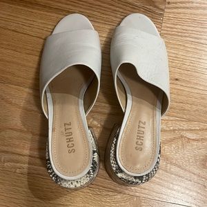 Schutz White Leather and Snake Skin Heel